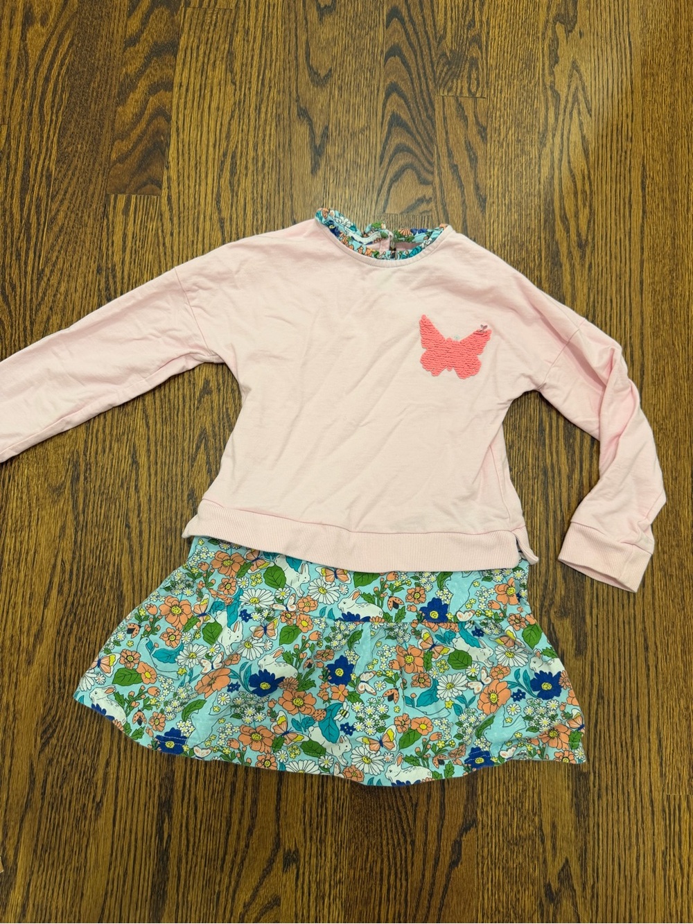 Pink Long Sleeve Dress with Floral Skirt and Butterfly Accent